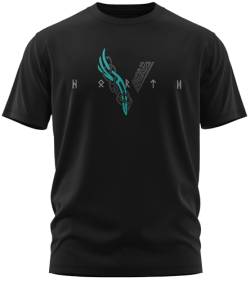 NØRTH Legendary Herren T-Shirt - Wikinger V - Viking Schrift Brust Aufdruck, nordische Wikinger Walhalla Geschenke für Männer, Odin Thor Valhalla Viking Shirt, Farbe:Schwarz/Petrol, Größe:M von vanVerden