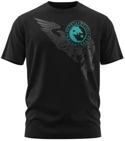 NØRTH Legendary Herren T-Shirt - Wölfe Skalli und Hatti Brust Aufdruck, nordische Wikinger Walhalla Geschenke für Männer, Odin Thor Valhalla Viking Shirt, Farbe:Schwarz/Petrol, Größe:XL von vanVerden