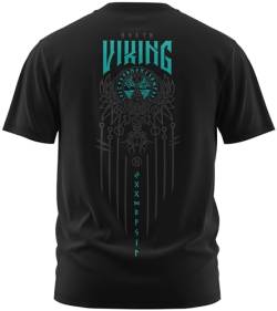 NØRTH Legendary Herren T-Shirt - Yggdrasil 9 Welten Weltenbaum Rücken Design, nordische Wikinger Walhalla Geschenke für Männer, Odin Thor Valhalla Viking Shirt, Farbe:Schwarz/Petrol, Größe:XXL von vanVerden