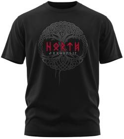 NØRTH Legendary Herren T-Shirt - Yggdrasil - Weltenbaum Brust Aufdruck, nordische Wikinger Walhalla Geschenke für Männer, Odin Thor Valhalla Viking Shirt, Farbe:Schwarz/Blutrot, Größe:3XL von vanVerden