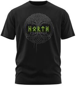 NØRTH Legendary Herren T-Shirt - Yggdrasil - Weltenbaum Brust Aufdruck, nordische Wikinger Walhalla Geschenke für Männer, Odin Thor Valhalla Viking Shirt, Farbe:Schwarz/Grün, Größe:M von vanVerden