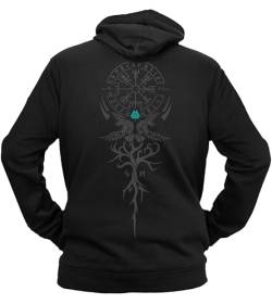 vanVerden NØRTH Legendary Herren Hoodie mit Kapuze - Vegvisir Weltesche Weltenbaum Rücken Aufdruck - nordische Wikinger Walhalla Geschenke für Männer, Valhalla Viking, Farbe:Schwarz/Petrol, Größe:XL von vanVerden