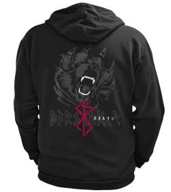 vanVerden NØRTH Legendary Herren Sweatjacke mit Kapuze - Bär Björn Krieger Berserker Rücken Aufdruck - nordische Wikinger Walhalla Zipper, Valhalla Viking, Farbe:Schwarz/Blutrot, Größe:XXL von vanVerden