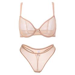 varsmiss Damen BH Set BH Und String Transparent Netz Bügel BH Unterwäsche Lingerie Tanga Dessous Sets (Beige,85D) von varsmiss