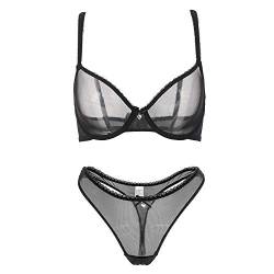 varsmiss Damen BH Set BH Und String Transparent Netz Bügel BH Unterwäsche Lingerie Tanga Dessous Sets (Schwarz,90D) von varsmiss