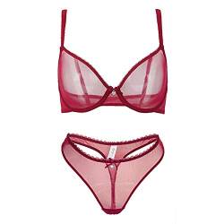 varsmiss Damen BH Set BH Und String Transparent Netz Bügel BH Unterwäsche Lingerie Tanga Dessous Sets (Weinrot,70B) von varsmiss