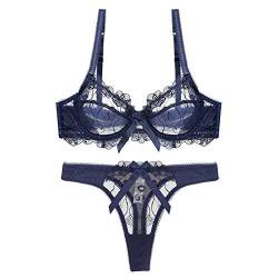 varsmiss Damen BH Set Spitze Stickereien Büstenhalter Und Tanga Unterwäsche Sexy (Blau,90D) von varsmiss