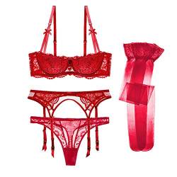 varsmiss Damen Spitze BH Und Tanga Und Strumpfband Und Strümpfe 4 Stück Sexy Dessous (Rot,70B) von varsmiss