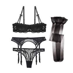 varsmiss Damen Spitze BH Und Tanga Und Strumpfband Und Strümpfe 4 Stück Sexy Dessous (Schwarz,75B) von varsmiss