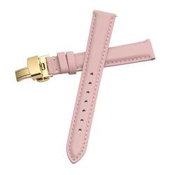 vazzic YingYou Uhrenarmband Damen Echtes Leder Schmetterlingsverschluss Einfach No Grain Uhrenarmband Weiß 12 13 14 15 16 17mm (Color : Pink-Gold-B1, Size : 12mm) von vazzic