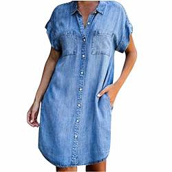 Jeanskleid Damen Sommer Knielang Kurzarm Einfarbig Revers Imitation Denim Casual Luftige Minikleid Damen Mode Bequeme Freizeitkleider Teenager Mädchen Lässig Luftige Kleider mit Taschen von vijTIAN difine