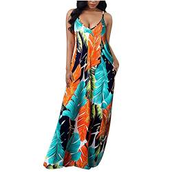 Sommerkleid Damen Lang Boho Spaghettiträger Trägerkleid Cami Kleid Frauen Bunte Print ärmellos Tiefem V-Ausschnitt Sexy Taillenkleid Figurumspielende Kleider Mode Partykleid Festkleid Strandkleider von vijTIAN difine