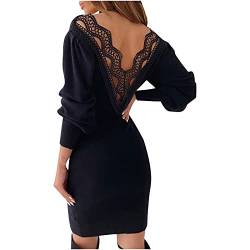 vijTIAN difine Kleid Damen Sexy Spitze Rückenfrei Partykleid Einfarbig Tiefem V-Ausschnitt Knielang Wickelkleid Tunikakleid Mode Elegant Figurumspielende Kleider Abendkleider Festkleid von vijTIAN difine