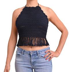 virblatt - Crop Tops Damen | Baumwolle | bauchfreie Oberteile Festival Outfit häkel Bikini gehäkeltes Topstrick Crop Top - Feingestrickt L schwarz von virblatt