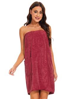 vislivin Bademantel Damen Frottee Saunakilt Saunatuch Frauen Sauna Kilt mit Druckknöpfen und Gummizug Wine Red S/M von vislivin