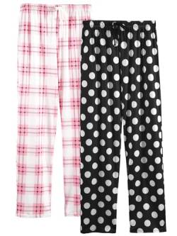 vislivin Freizeithose Damen Lang Schlafanzughose Karierte Pyjamahose Weiche Frauen Hose mit Taschen Rosa Streifen/Dots XL von vislivin