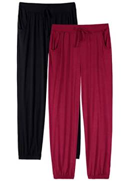 vislivin Schlafanzughose Damen Pyjamahosen Lang Freizeithose Stretch Yogahose Weiche Frauen Nachtwäsche Hosen Schwarz/Weinrot XL von vislivin