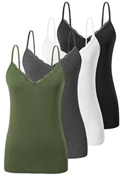 vislivin Schlicht Leibchen für Damen Spitzen Tanktops V-Ausschnitt Verstellbares Cami Sexy Unterhemden 4er Pack Schwarz/Weiß/Dunkelgrau/Armeegrün L von vislivin