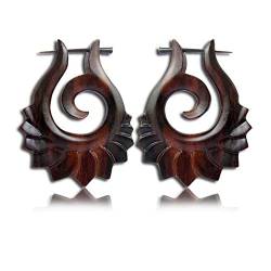 viva-adorno 1 Paar Holz Ohrringe geschnitzt Holz Creolen Pin Ohr Piercing Ethno Tribal Blüten Blätter CC470C von viva-adorno