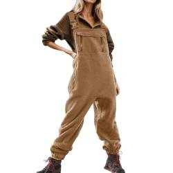 vohiko Latzhose Damen mit Taschen Fleece Jumpsuits für Damen Baggy Lässiger Haremshose Arbeitshose Warme Overalls Verstellbare Riemen Winter (Khaki, M) von vohiko