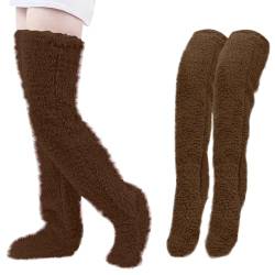 Snugglepaws Sock Slipper | Snuggle Paws Sockenpantoffeln, Snugglepaws Cozy Socken, Kniehohe Flauschige Hausschuhestrümpfe für Frauen, Gemütliche Süße Plüschsocken Knieschutzstrümpfe (Dunkelbraun) von vokkrv