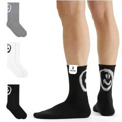 von Jungfeld® 2er Set Schwarze Tennissocken Damen & Herren in Gr. 39-42 - Lange Socken (Crew Socks) aus Bio-Baumwolle - Strümpfe mit Smiley Statement von von Jungfeld