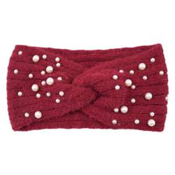 vreplrse Gestricktes Perlen Stirnband für Damen, rutschfest, bequem und stilvoll, Polyester, neue Perlen gestrickte Kreuz Stirnbänder, verstellbar, Jujube rot von vreplrse