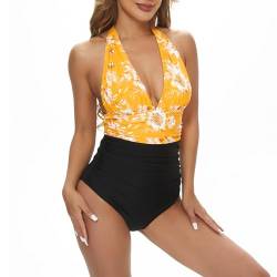 Badeanzug Damen Bauchweg Raffungen Push Up Monokinis V Ausschnitt Rückenfrei Einteilige Bademode Swimsuit (Gelb Blume, XL) von wadizo