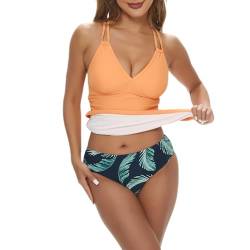 Tankini Damen Bauchweg Set Push Up Rüschen Zweiteilige Badeanzug High Waist Bikini Bademode Halter V-Ausschnitt Top (Orange, L) von wadizo