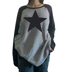 wdehow Damen Star Shirt Y2k Grunge Top Grafik Print T Shirts Langarm Rundhals Tops Herbst Sweatshirts Ästhetische Kleidung, schwarz grau, Large von wdehow