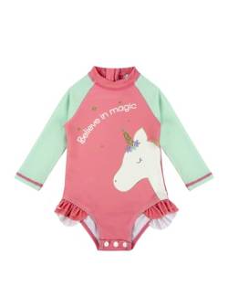 weVSwe Baby Badeanzug Mädchen UV Schutz Kleidung Einteiliger Baby Langarm Rüschen Schwimmanzug SPF 50+ Sonnenschutz Rosa Grünes Einhorn Neugeborenes 0-6 Monate von weVSwe