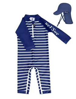 weVSwe Baby-Badeanzug UPF 50+ UV-Schutz Kleinkinder Rash Guard Langarm Badebekleidung mit Hut Marineblaue Streifen 12-18 Monate von weVSwe