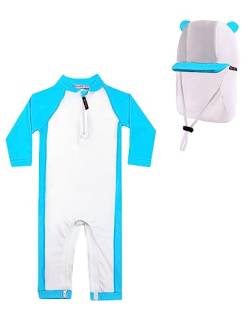 weVSwe Baby Jungen Badeanzug UPF 50+ Sonnenschutz Kleinkind Rash Guard Langarm Bademode mit Hut Blau Bär 12-18 Monate von weVSwe