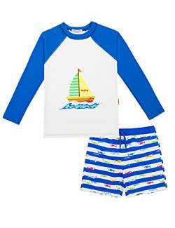 weVSwe Jungen Sonnenschutz Shirt Rash UPF 50+ Rashguard Lange Ärmel Blau Kinder Badeanzug Set Segelboot 2 Jahre von weVSwe