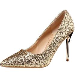 wealsex Glitzer High Heels Schuhe Spitzzehen Hochzeit Evening Party Bridal Dress Shoes Pumps (Gold,43) von wealsex