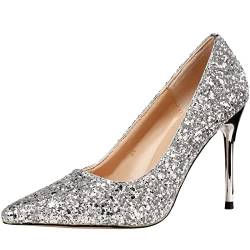 wealsex Glitzer High Heels Schuhe Spitzzehen Hochzeit Evening Party Bridal Dress Shoes Pumps (Silber,40) von wealsex