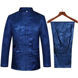 Tang Suit Herren Hanfu Traditionelle Chinesische Kleidung Kung Fu Shirt Uniform Langarm Mantel Tops und Hosen - Blau - M von wecotton