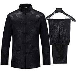 Tang Suit Herren Hanfu Traditionelle Chinesische Kleidung Kung Fu Shirt Uniform Langarm Mantel Tops und Hosen - Schwarz - XL von wecotton