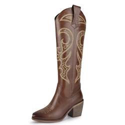 WETKISS Kniehohe Cowboy-Cowgirl-Stiefel für Damen, mit einzigartiger Stickerei, seitlichem Reißverschluss und klobigem Absatz, Braun PU, 41 EU von wetkiss