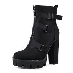 WETKISS Plateau-Stiefel für Damen, Absatz Combat Boots Chunky Heel Booties Round Toe Lace Up High Heel Ankle Boots, Lycra Schwarz, 37 EU von wetkiss
