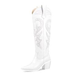 wetkiss Kniehohe Cowboy-Cowgirl-Stiefel für Damen, mit einzigartiger Stickerei, seitlichem Reißverschluss und klobigem Absatz, Weiss/opulenter Garten, 38 EU von wetkiss