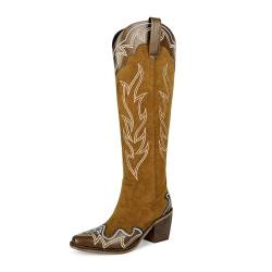 wetkiss Kniehohe Cowboy-Cowgirl-Stiefel für Damen, mit einzigartiger Stickerei, seitlichem Reißverschluss und klobigem Absatz-Design, C-braun, 40.5 EU von wetkiss