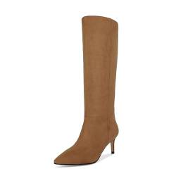 wetkiss Kniehohe Stiefel für Damen, mit Stiletto-Absatz und spitzem Zehen-Design, klassisch und sexy, Suedebrown, 38 EU von wetkiss
