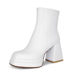 wetkiss Plateau-Stiefel für Damen, mit frecher Plattform, klobigem Absatz, quadratischer Zehenpartie und seitlichem Reißverschluss, Mattweiß, 40.5 EU von wetkiss