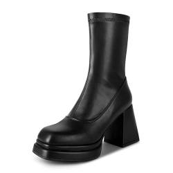 wetkiss Plateau-Stiefel für Damen, mit frecher Plattform, klobigem Absatz, quadratischer Zehenpartie und seitlichem Reißverschluss, Schwarz (Black Pu), 38 EU von wetkiss