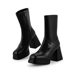 wetkiss Plateau-Stiefel für Damen, mit frecher Plattform, klobigem Absatz, quadratischer Zehenpartie und seitlichem Reißverschluss, Schwarz (Black Pu), 40.5 EU von wetkiss