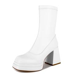 wetkiss Plateau-Stiefel für Damen, mit frecher Plattform, klobigem Absatz, quadratischer Zehenpartie und seitlichem Reißverschluss, Weißes Pu, 39 EU von wetkiss