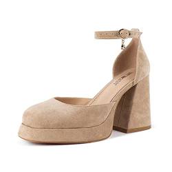 wetkiss Plattform Chunky Heels für Frauen Knöchelriemen Pumps, Veloursleder Nude, 38 EU von wetkiss