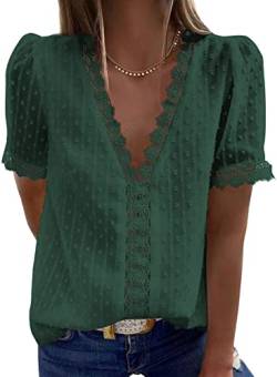 Bluse Damen Tunika Elegante Chiffon Oberteile Spitzen Kurzarm Frühling Sommer Tunika V-Ausschnitt Hemd Rüschen T-Shirt für Damen Grün M von wihnsinop