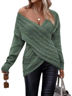 Damen-Pullover mit V-Ausschnitt, lange Ärmel, gekreuzte Wickelvorderseite, Zopfmuster, Pullover, Grün , Klein von wihnsinop